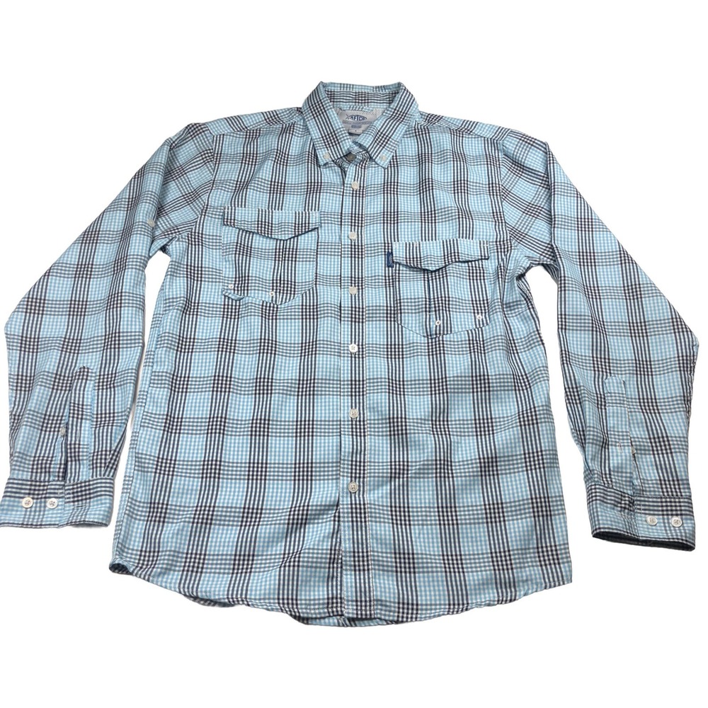 AFTCO Fishing Shirt Mens S Blue Black Plaid Vented Long Sleeve Outdoor Tackle